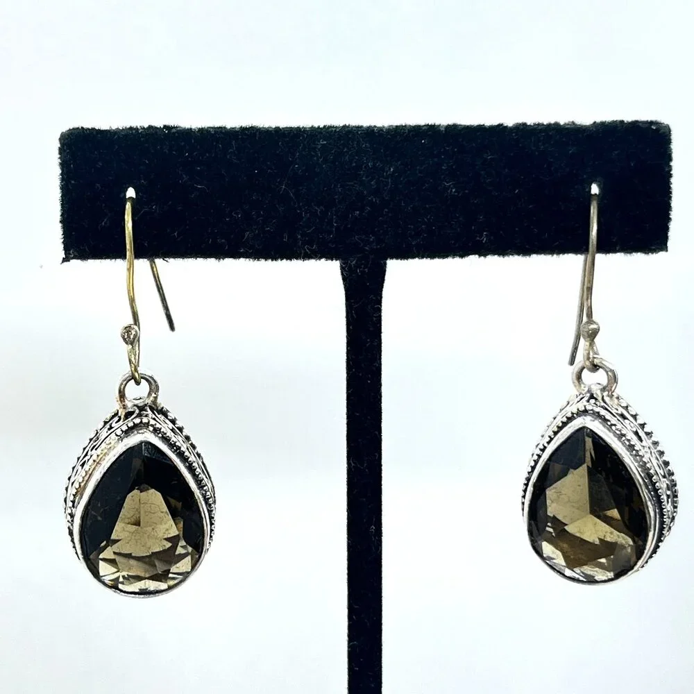 925 STERLING SILVER FACETED SMOKY GLASS TEARDROP EARRINGS DROP PIERCED SCROLL
